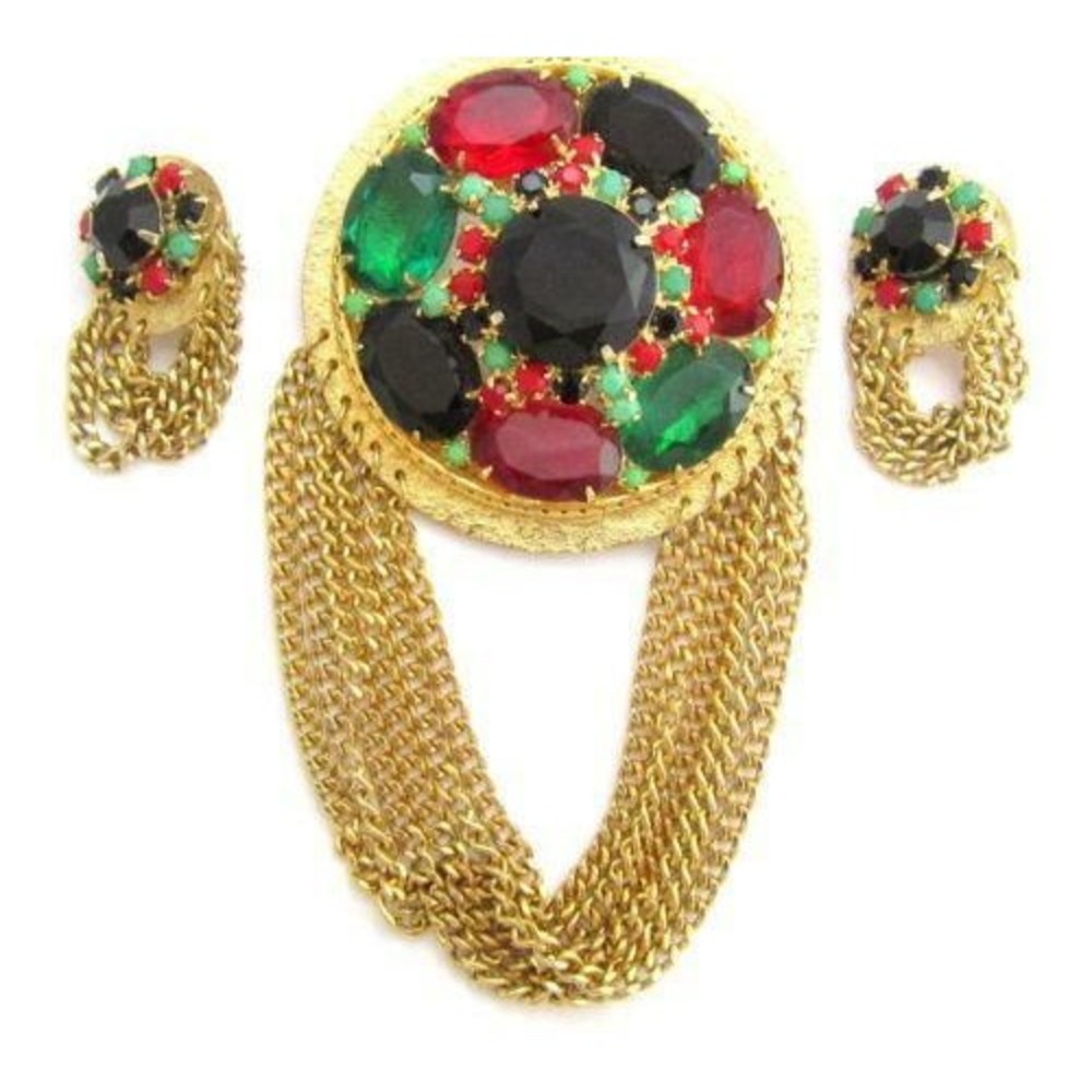 Massive Vintage High End Red & Green Rhinestone‎ Gold Pendant & Earrings
